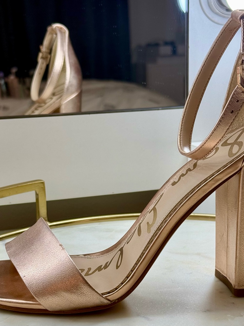 Sam Edelman Women's Yaro Rose Gold Leather Ankle-Strap Block Heel Sandals - Picture 9 of 16